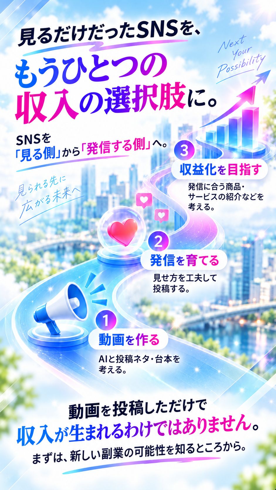 動画を作る、発信を育てる、収益化を目指すという流れ。