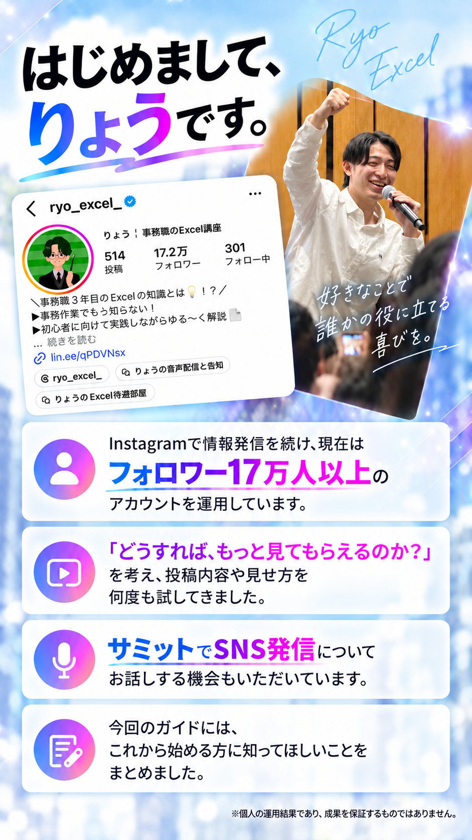 はじめまして、りょうです。Instagramで情報発信を続け、現在はフォロワー17万人以上のアカウントを運用しています。