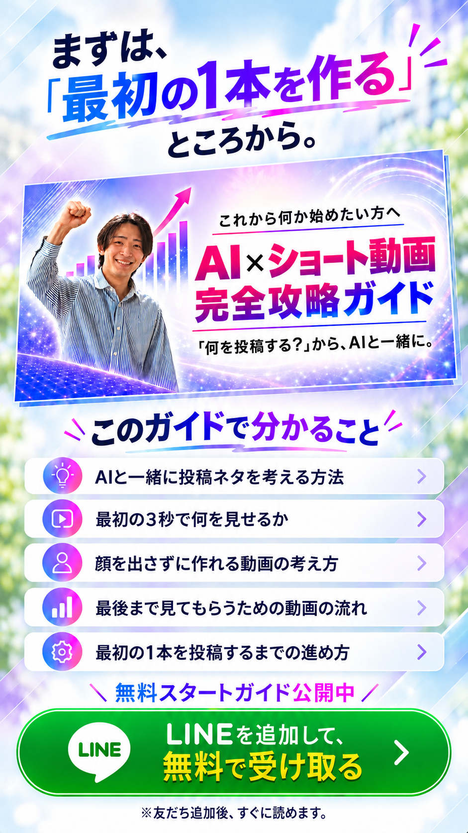 AI×ショート動画 完全攻略ガイドで、投稿ネタ、最初の3秒、顔を出さない動画、動画の流れ、最初の投稿までを紹介。